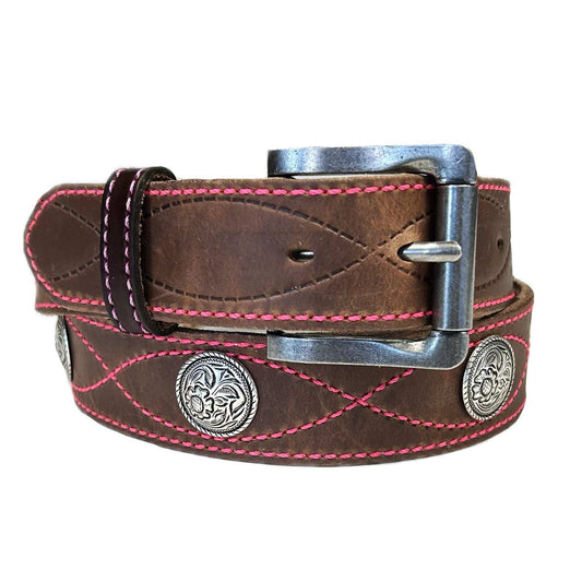 Rockmount Ranch Ware Brown Harness Leather with Conchos & Pink Figure 8 Stitching Western Belt - Rockmount Clothing - Flyclothing LLC