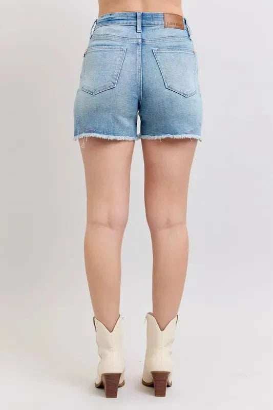 Judy Blue Full Size High Waist Western Embroidery Detail Cut Off Denim Shorts Plus Size - Trendsi - Flyclothing LLC