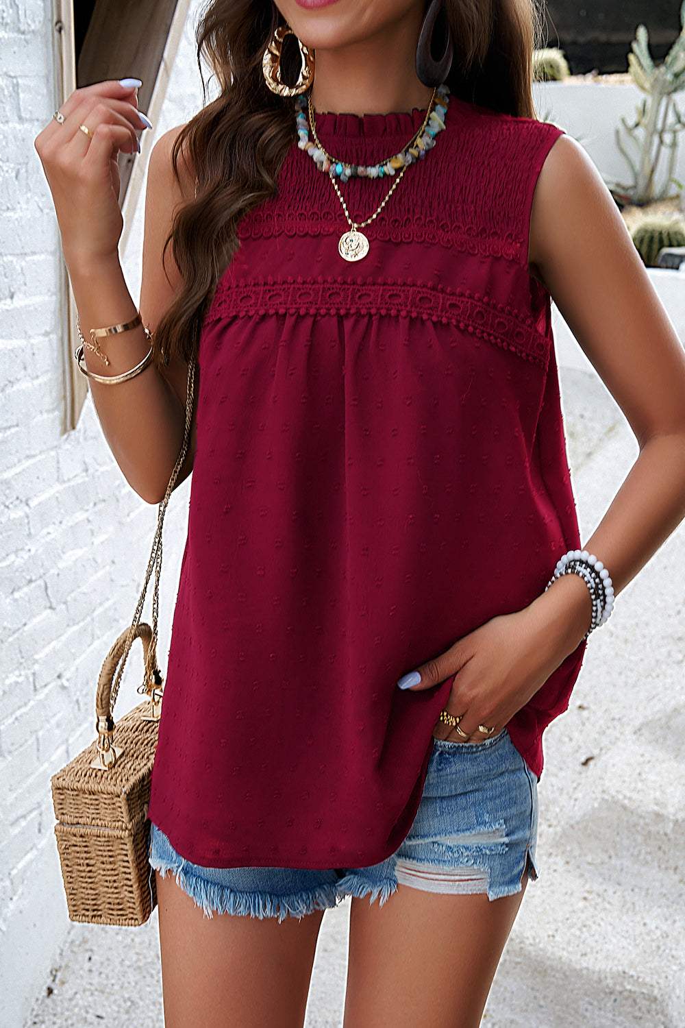 Swiss Dot Round Neck Tank - Trendsi - Flyclothing LLC