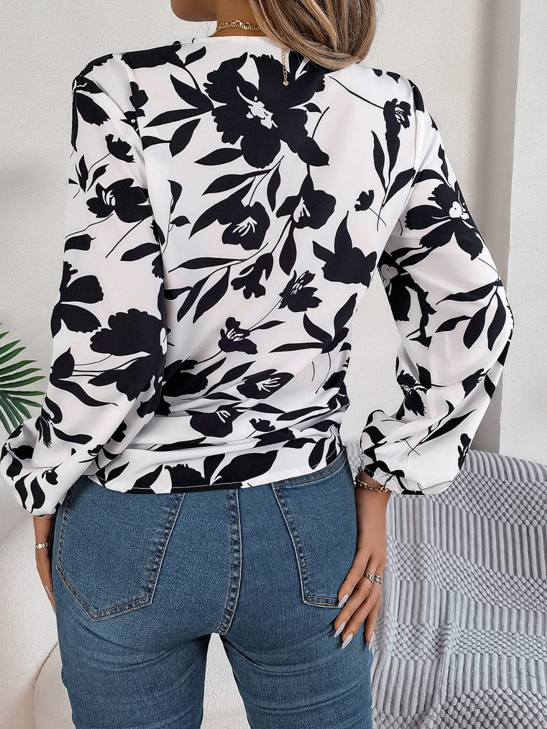Printed V-Neck Long Sleeve Blouse - Trendsi