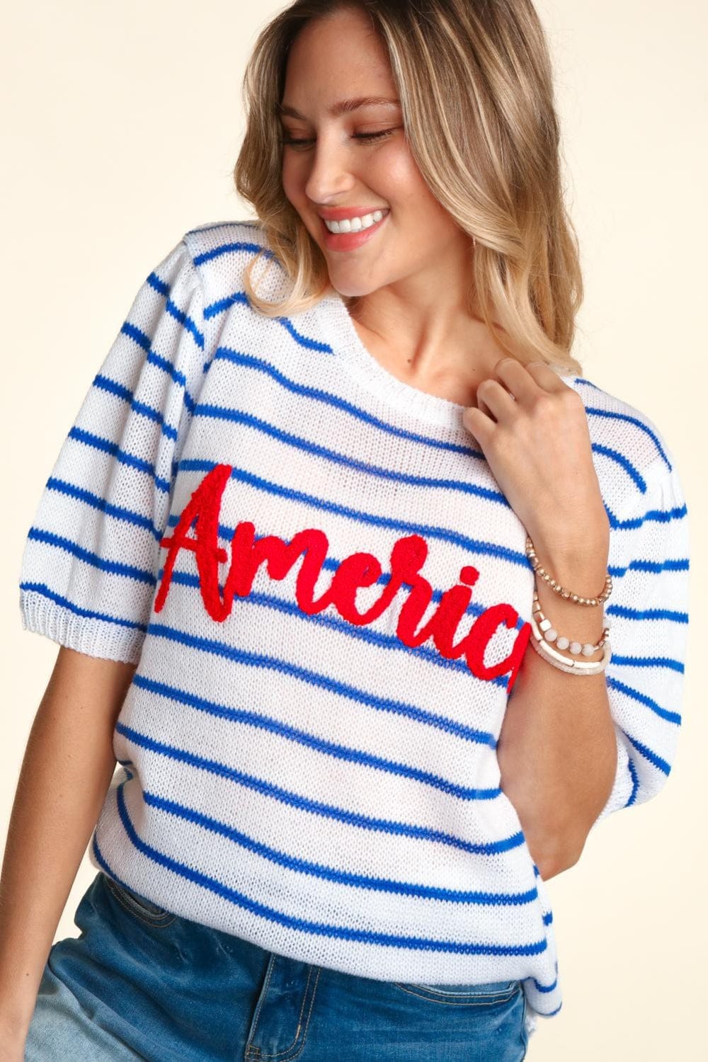 Haptics Letter Embroidery Striped Knit Top - Trendsi