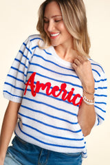 Haptics Letter Embroidery Striped Knit Top - Trendsi