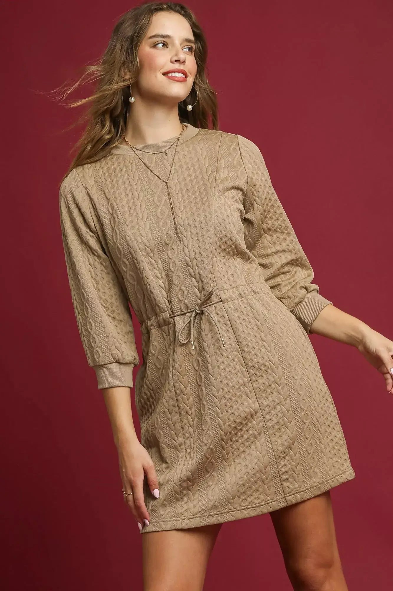 Umgee Drawstring Cable Knit Mini Dress with Pockets - Trendsi - Flyclothing LLC