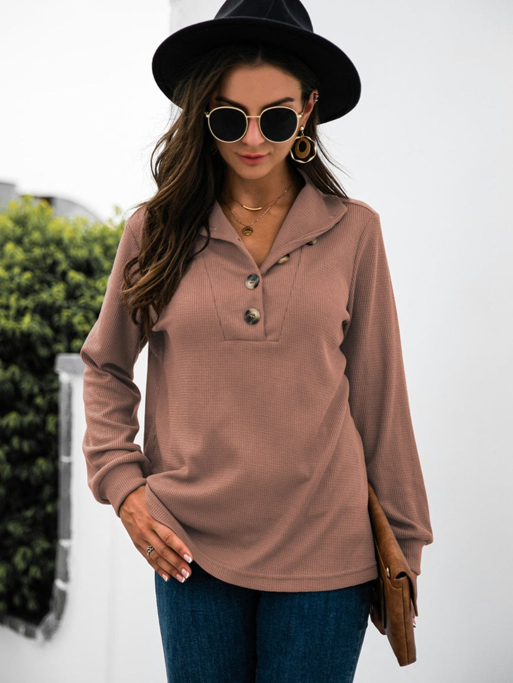 Half Button Long Sleeve T-Shirt - Trendsi