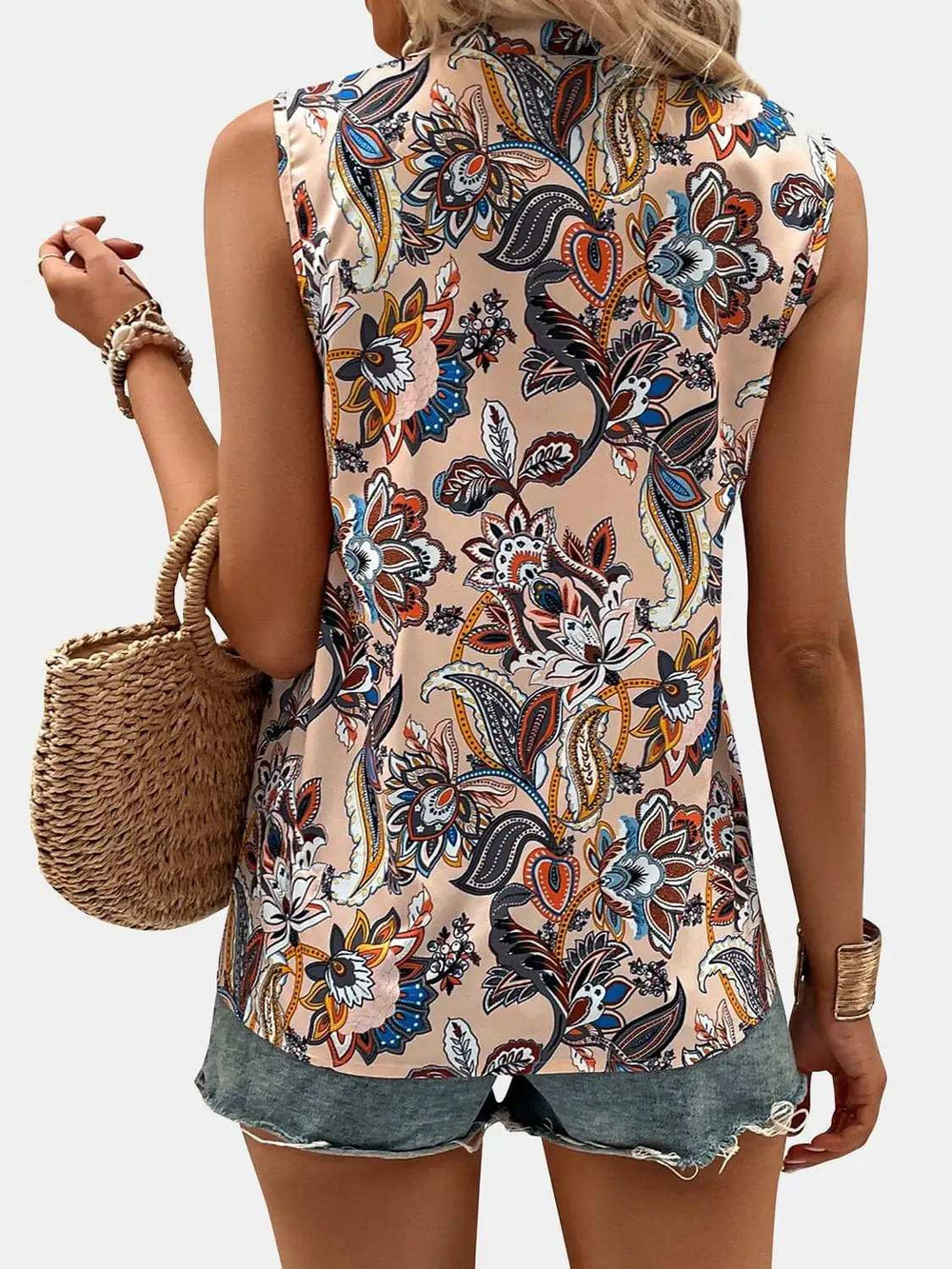Printed Notched Sleeveless Top - Trendsi - Flyclothing LLC