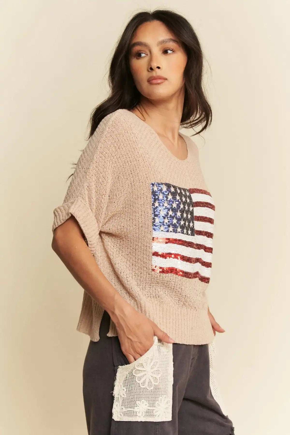 Davi & Dani Sequin American Flag Patch Short Sleeve Knit Top - Trendsi - Flyclothing LLC