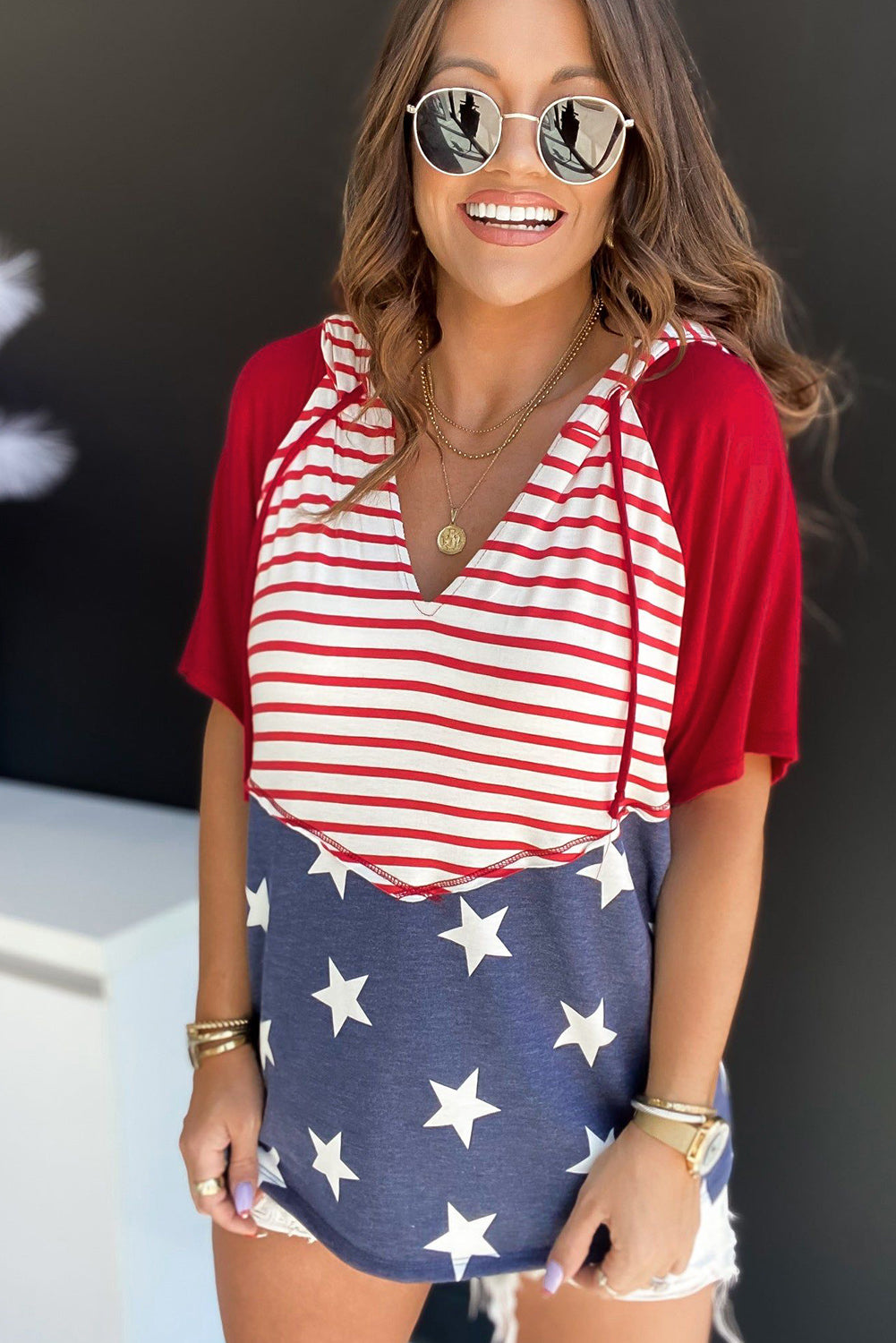 Stars and Stripes Print Drawstring Hoodie - Trendsi - Flyclothing LLC