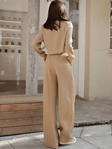 Waffle-Knit Round Neck Top and Pants Set - Trendsi - Flyclothing LLC