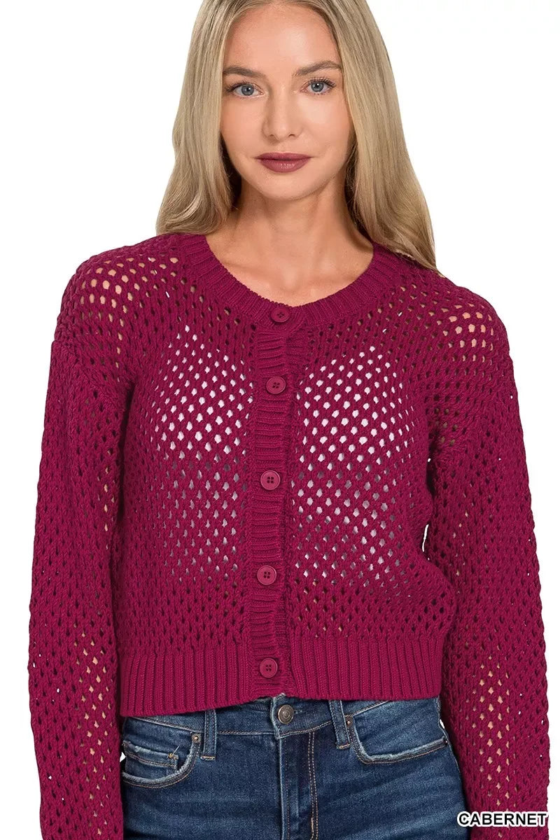 Zenana Button Down Lightweight Crochet Cardigan Sweater - Trendsi - Flyclothing LLC