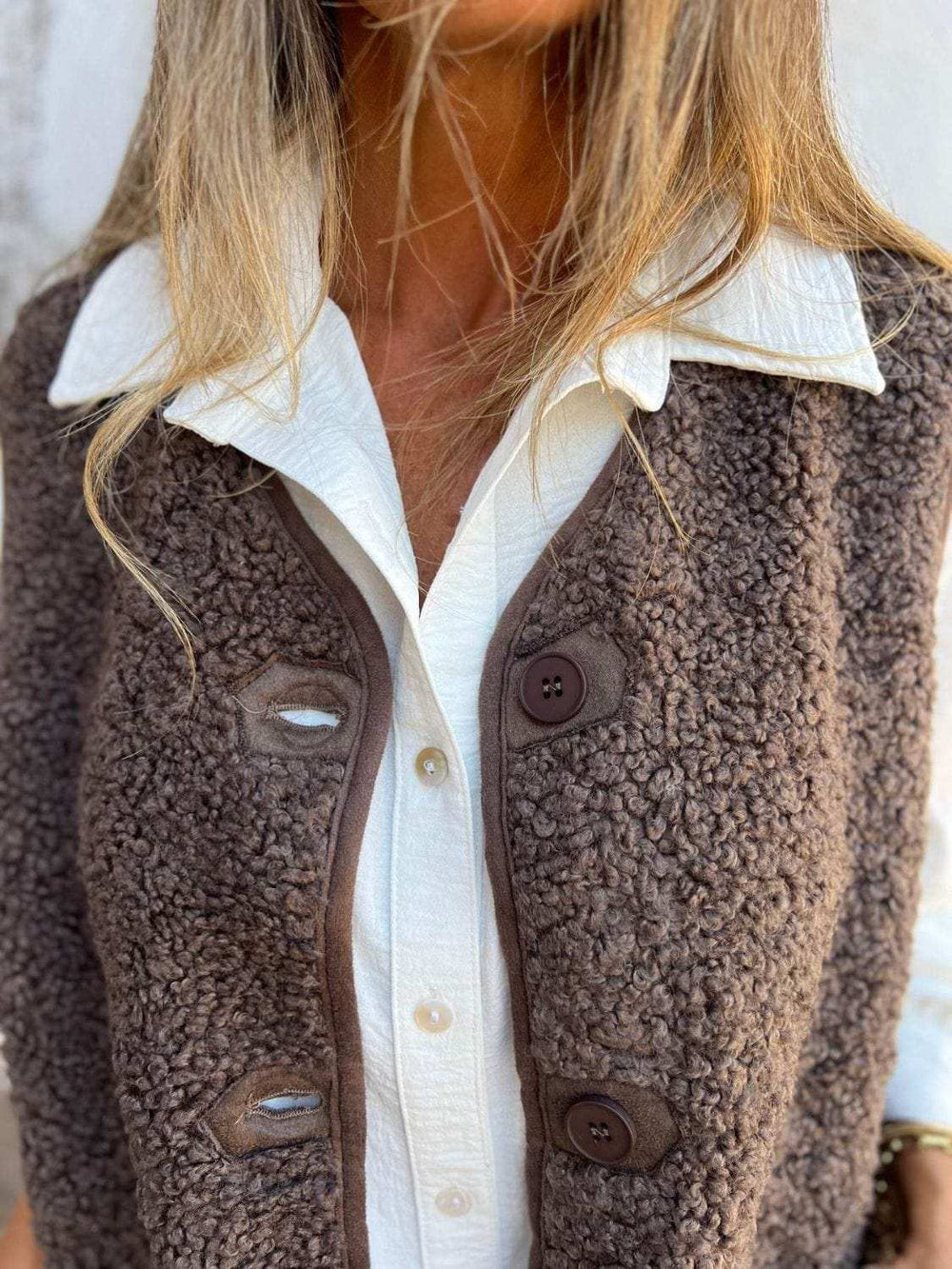 Full Size Pocketed Button Up V-Neck Sherpa Vest - Trendsi - Flyclothing LLC