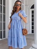 Plaid V-Neck Short Sleeve Midi Dress - Trendsi