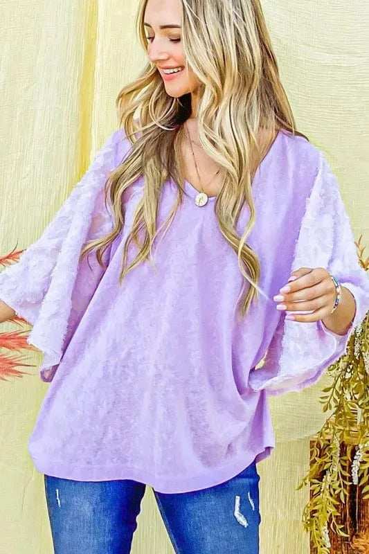 And The Why Feather Detailed 3/4 Sleeve Slub Top - Trendsi - Flyclothing LLC