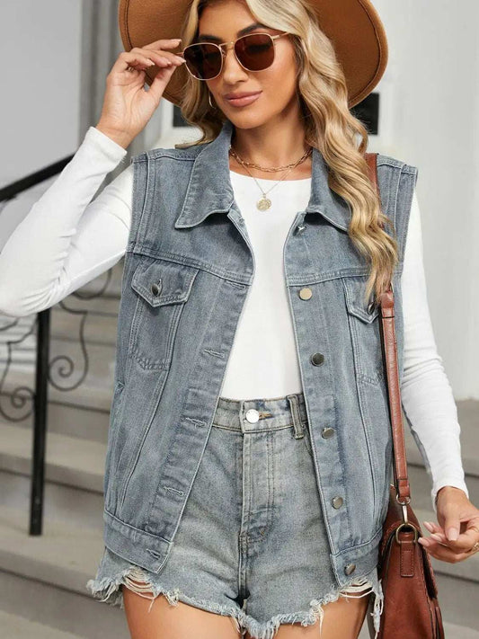 Pocketed Button Up Sleeveless Denim Jacket - Trendsi - Flyclothing LLC