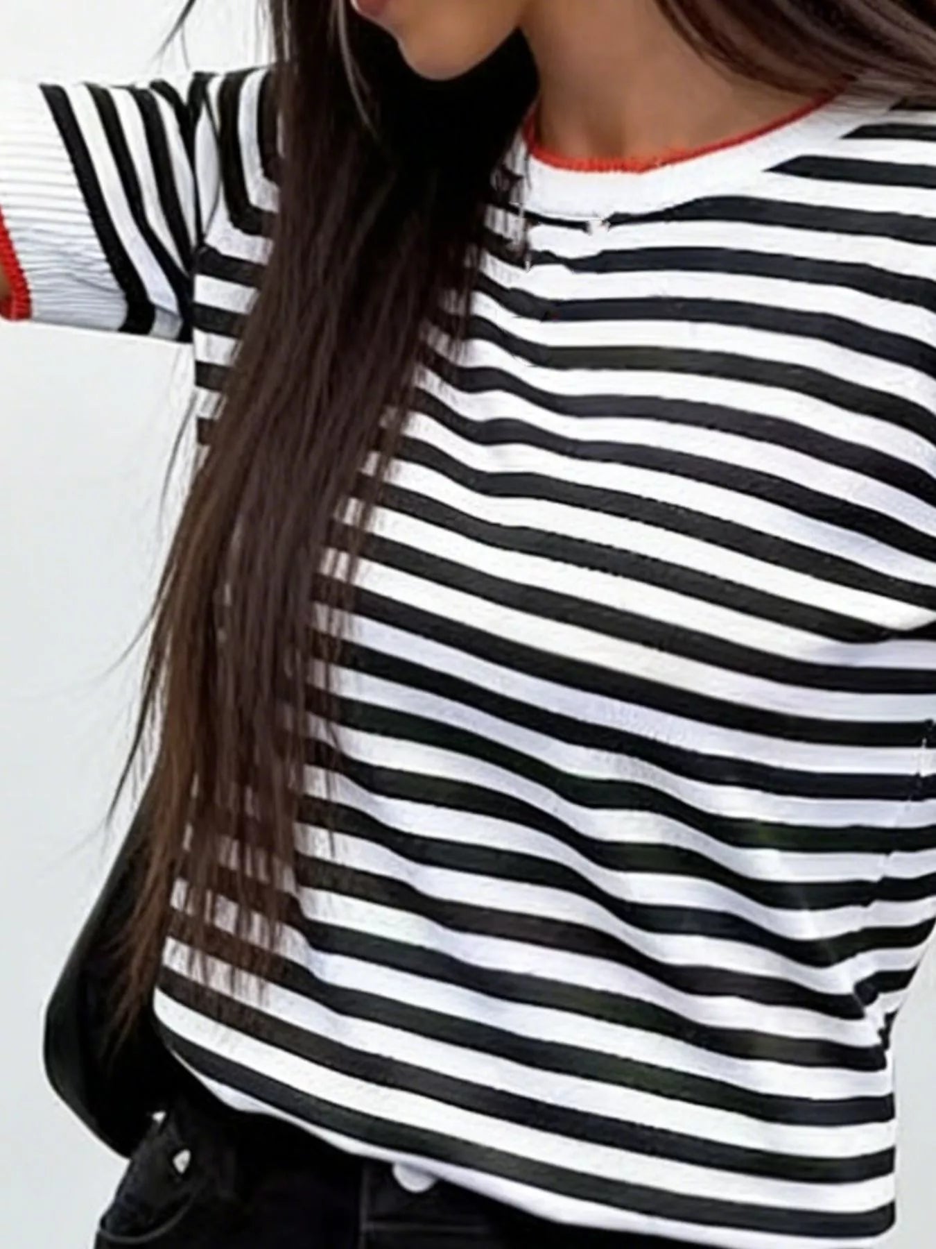 Contrast Trim Striped Short Sleeve Knit Top - Trendsi - Flyclothing LLC