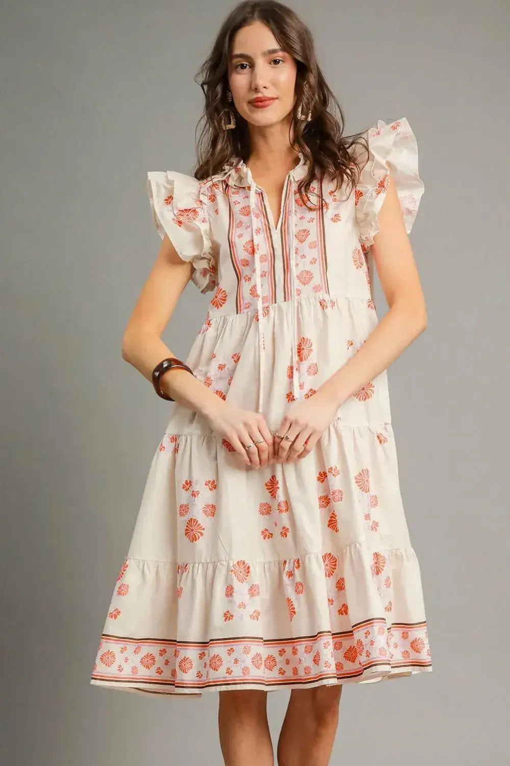 Umgee Printed Tie Neck Ruffle Cap Sleeve Dress - Trendsi - Flyclothing LLC