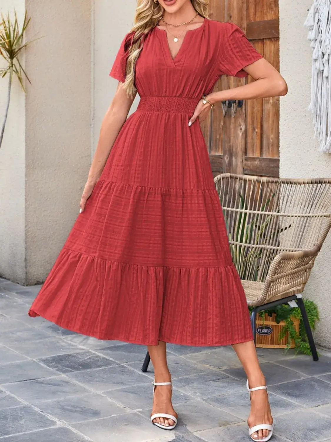 Tiered Notched Short Sleeve Dress - Trendsi - Flyclothing LLC