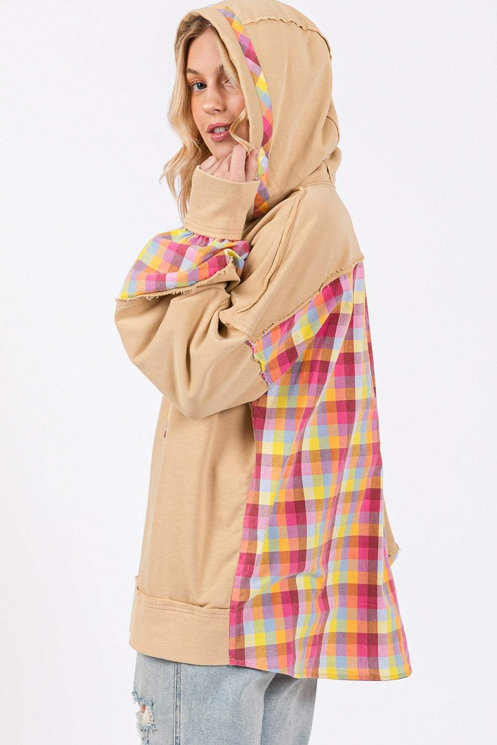 SAGE + FIG Full Size Plaid Print Washed Hoodie - Trendsi - Flyclothing LLC