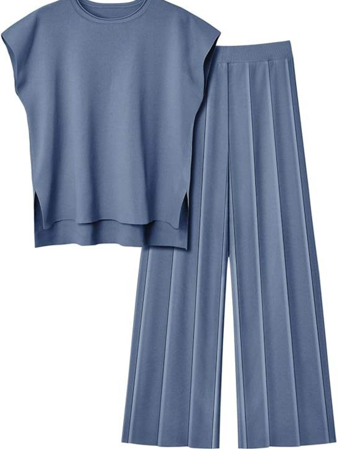 Round Neck Cap Sleeve Top and Pants Knit Set - Trendsi - Flyclothing LLC