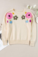 Crochet Flower Round Neck Dropped Shoulder Sweater - Trendsi - Flyclothing LLC