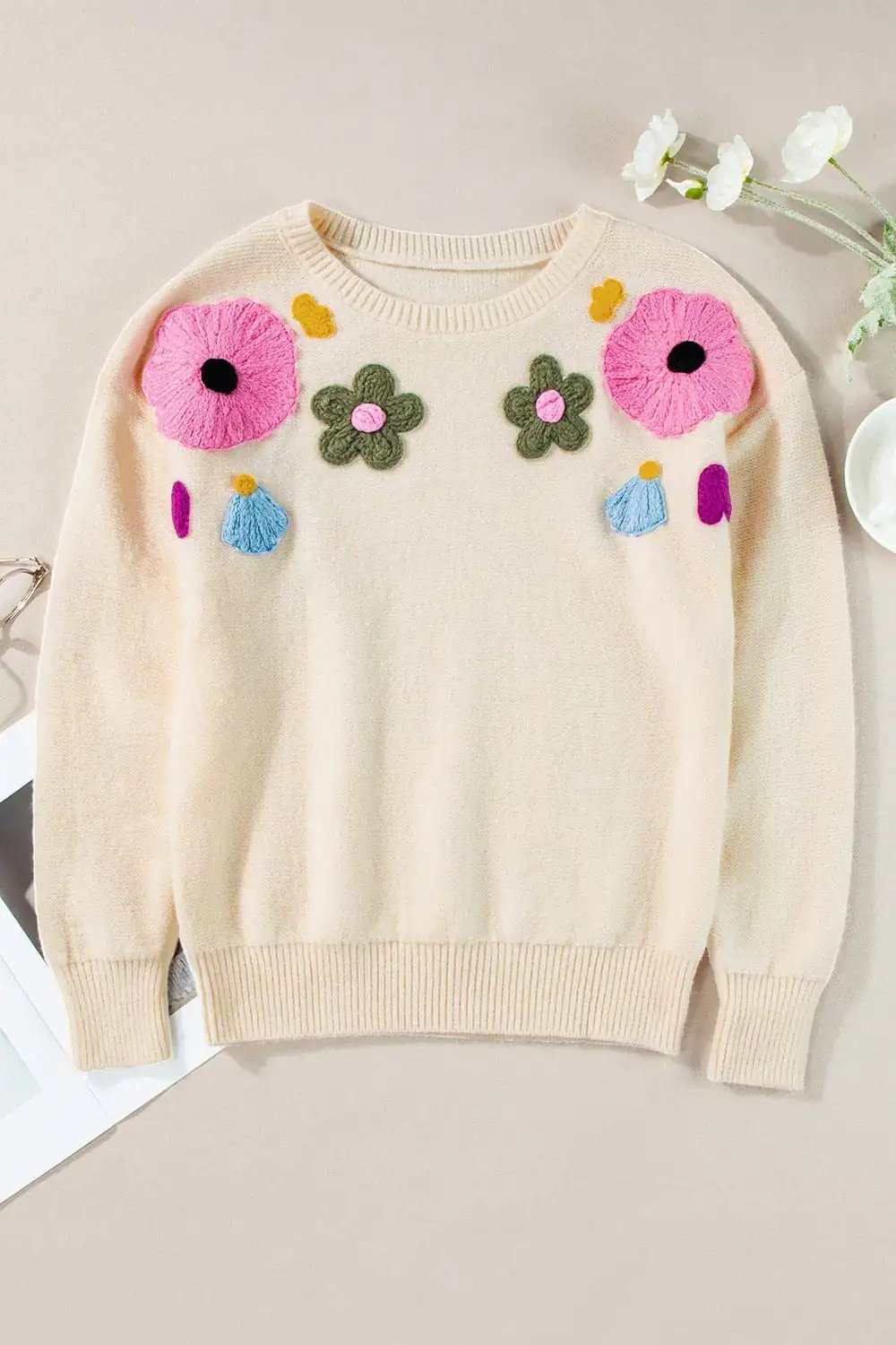 Crochet Flower Round Neck Dropped Shoulder Sweater - Trendsi - Flyclothing LLC