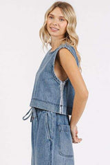 Mittoshop Washed Denim Distressed Detail Crop Tank - Trendsi - Flyclothing LLC