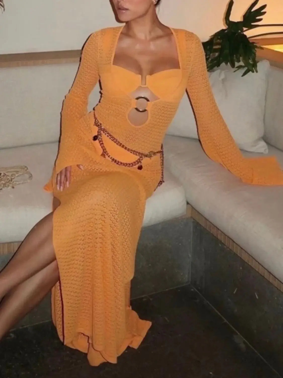 Slit Plunge Flare Sleeve Cover-Up Dress - Trendsi - Flyclothing LLC