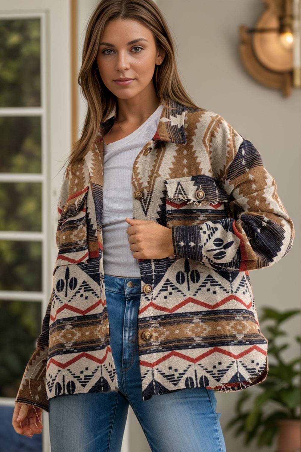 Geometric Button Up Long Sleeve Jacket - Trendsi - Flyclothing LLC