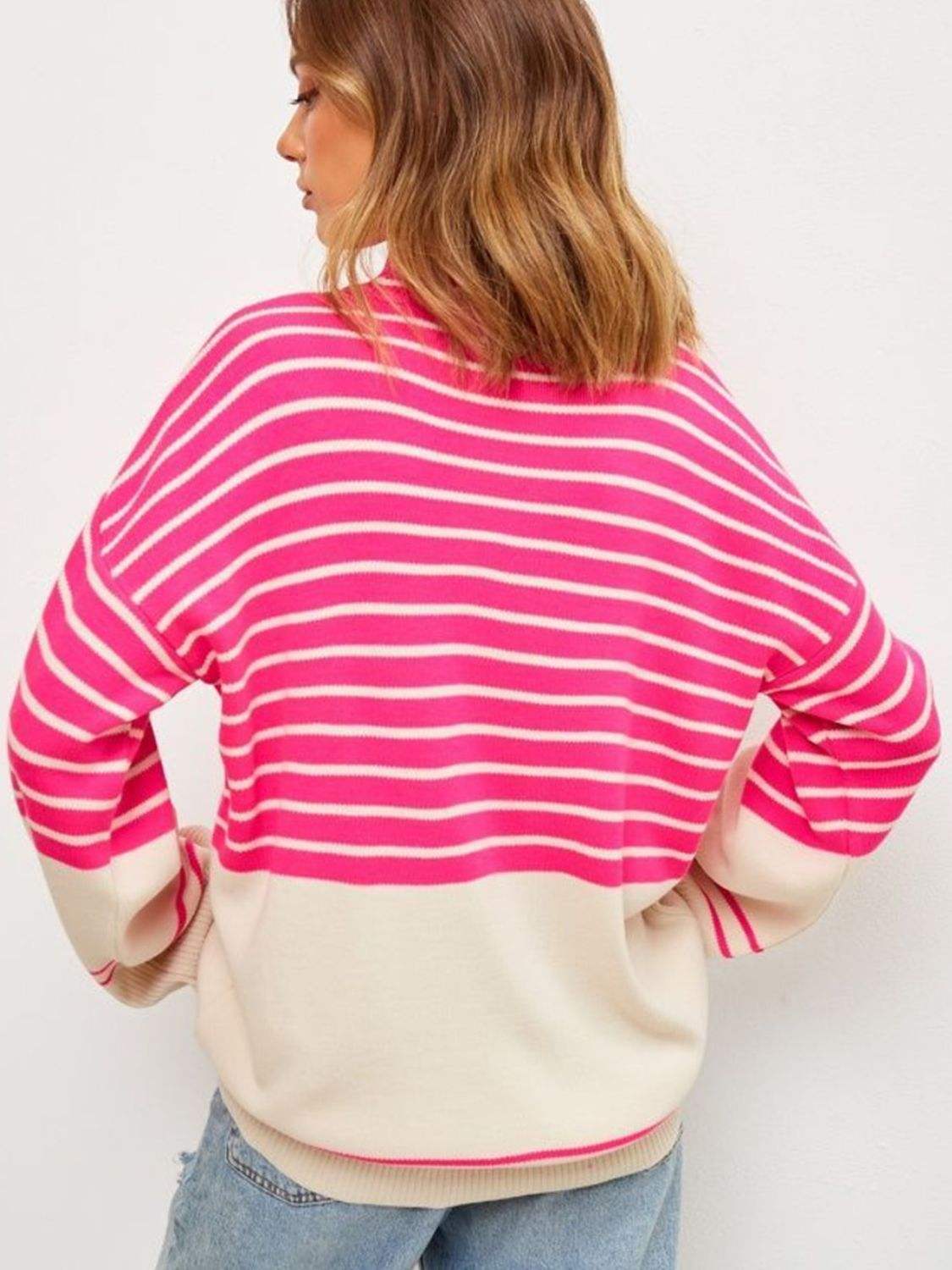 Striped Mock Neck Long Sleeve Sweater - Trendsi - Flyclothing LLC