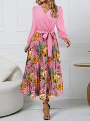 Pleated Printed Surplice Long Sleeve Dress - Trendsi