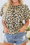 Leopard Bow Tie Front Puff Sleeve Peplum Blouse - Trendsi