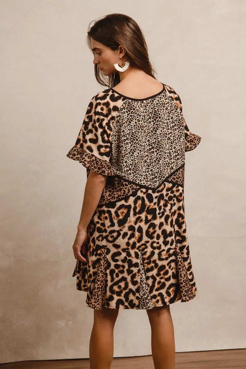 BiBi Leopard Prints Mix and Match Short Sleeves Dress - Trendsi - Flyclothing LLC