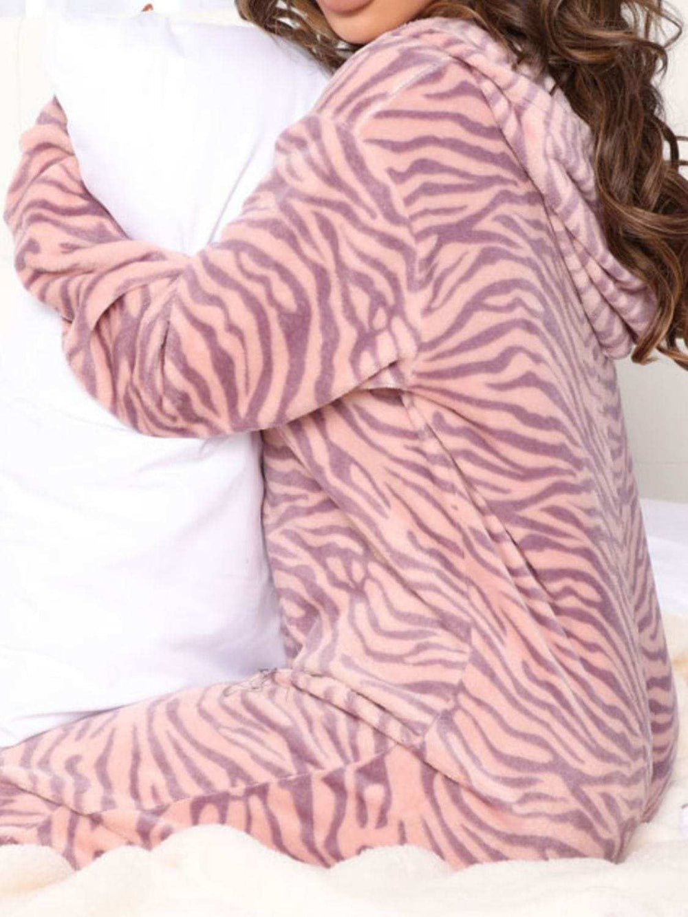 Printed Zip Up Long Sleeve Hooded Lounge Jumpsuit - Trendsi - Flyclothing LLC