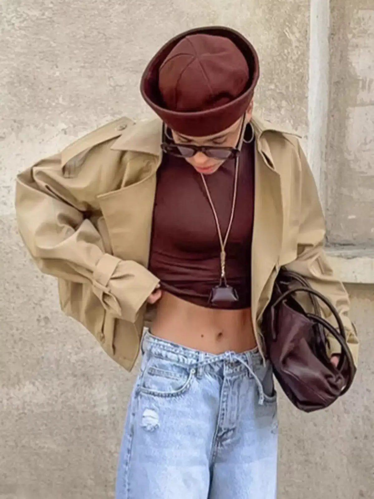 Wide Lapel Cropped Trench Coat - Trendsi - Flyclothing LLC