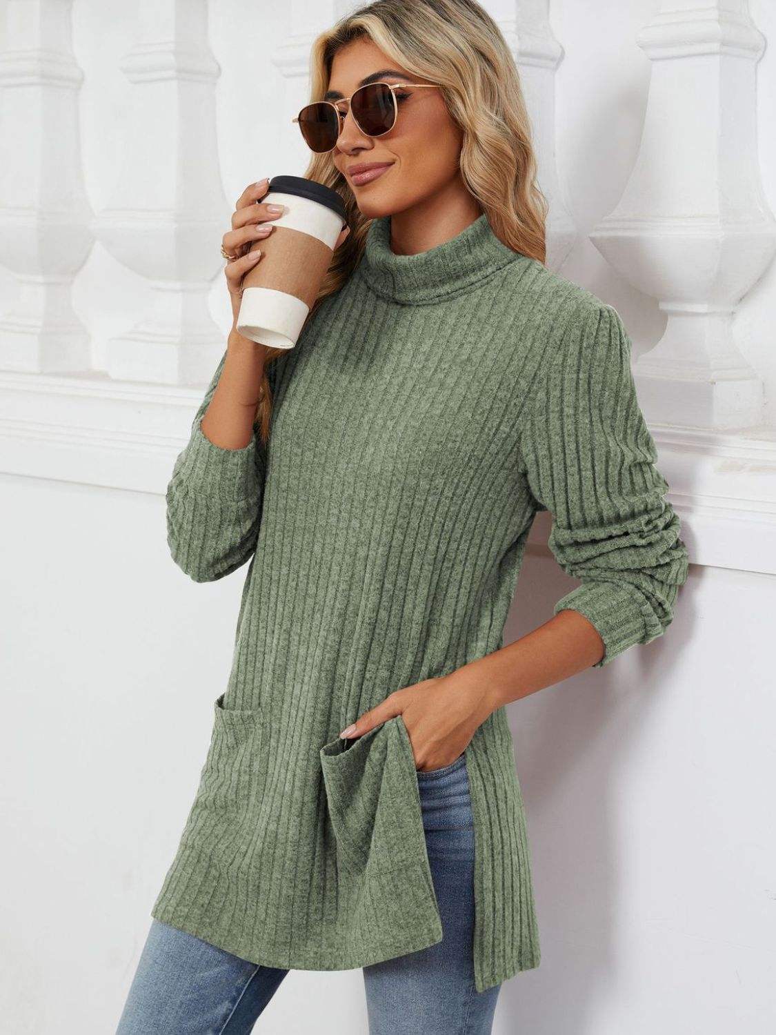 Slit Mock Neck Long Sleeve T-Shirt - Trendsi - Flyclothing LLC