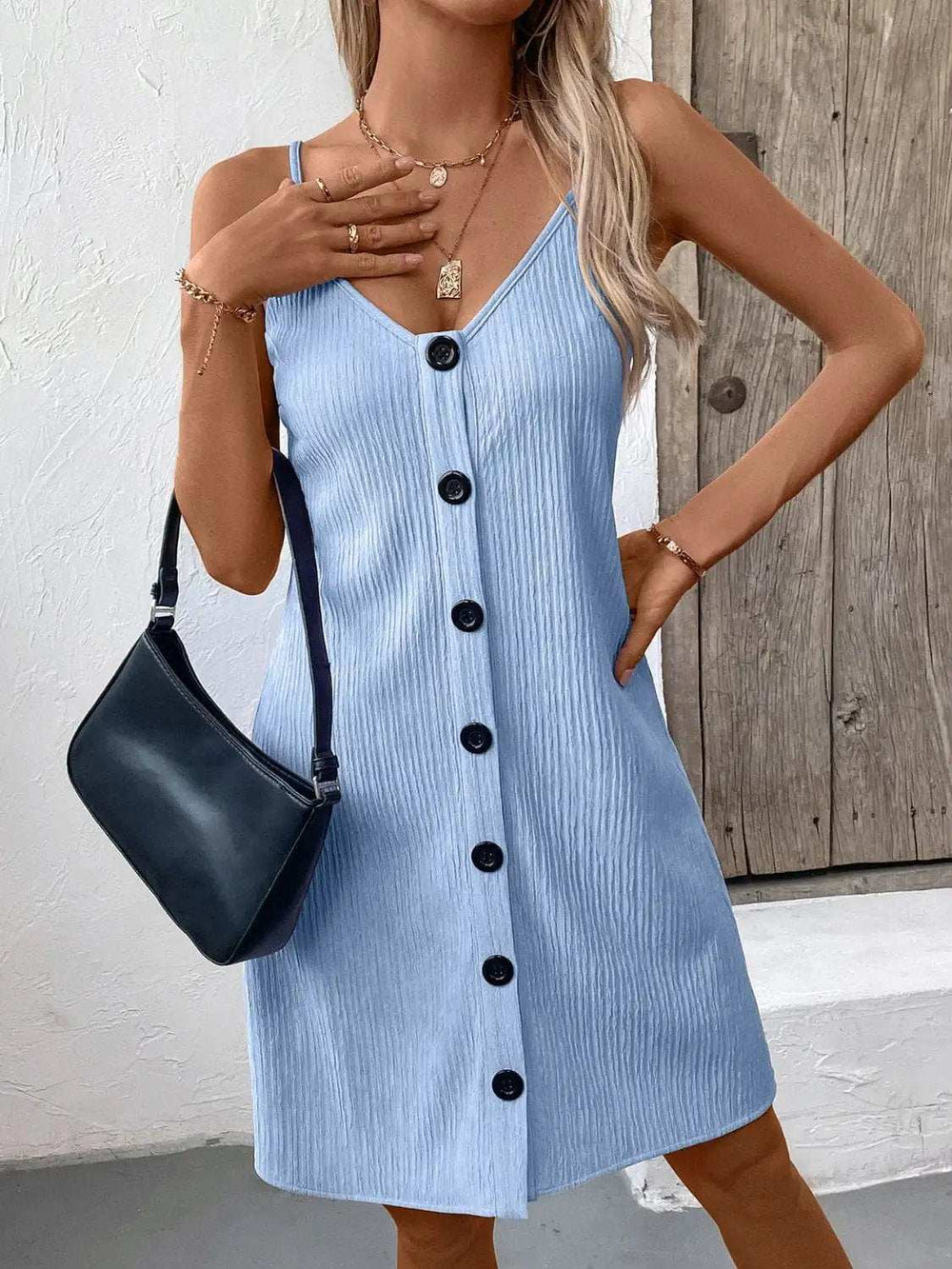 Textured V-Neck Sleeveless Mini Cami Dress - Trendsi - Flyclothing LLC