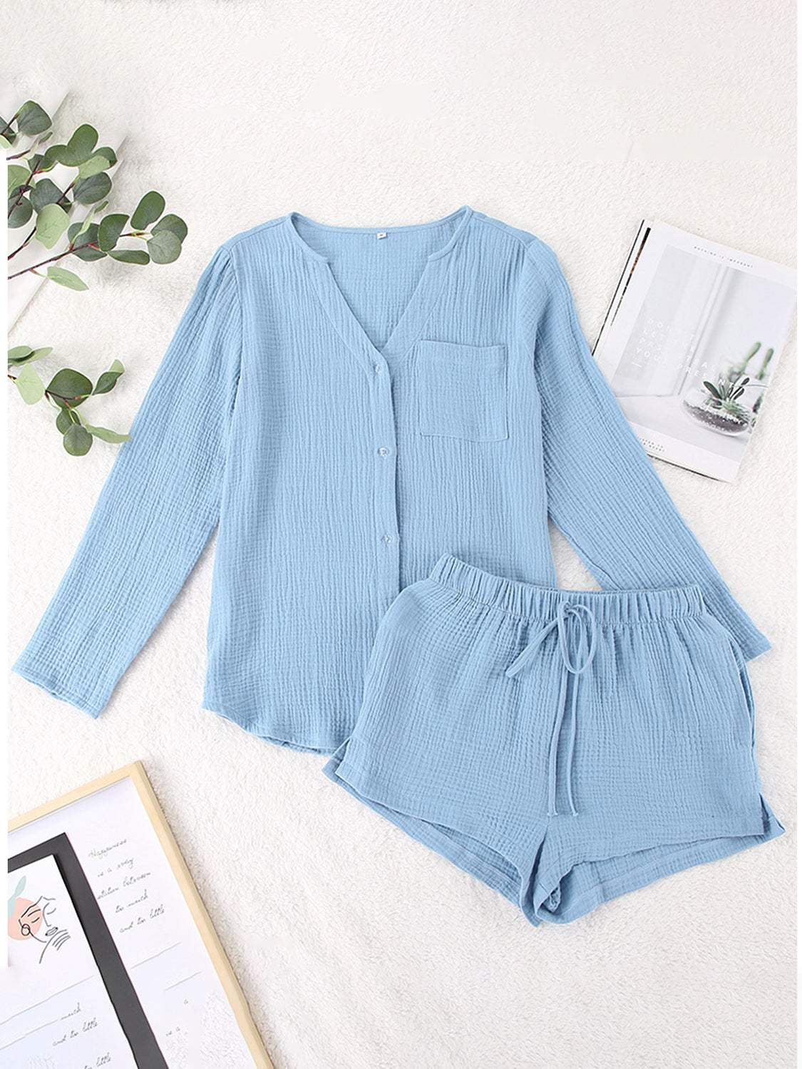 Notched Long Sleeve Top and Shorts Set - Trendsi - Flyclothing LLC