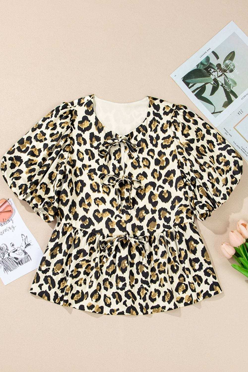 Leopard Bow Tie Front Puff Sleeve Peplum Blouse - Trendsi - Flyclothing LLC