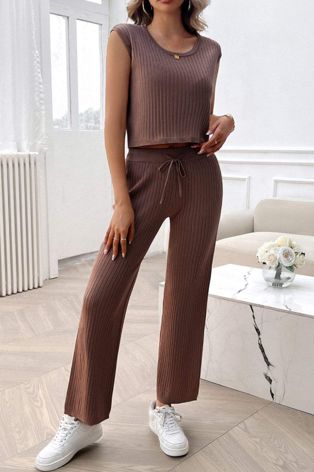 Ribbed Round Neck Top and Pants Set - Trendsi - Flyclothing LLC