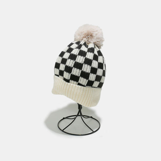 Checkered Knit Hat with Pompom - Trendsi