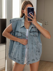 Pocketed Button Up Cap Sleeve Denim Jacket - Trendsi