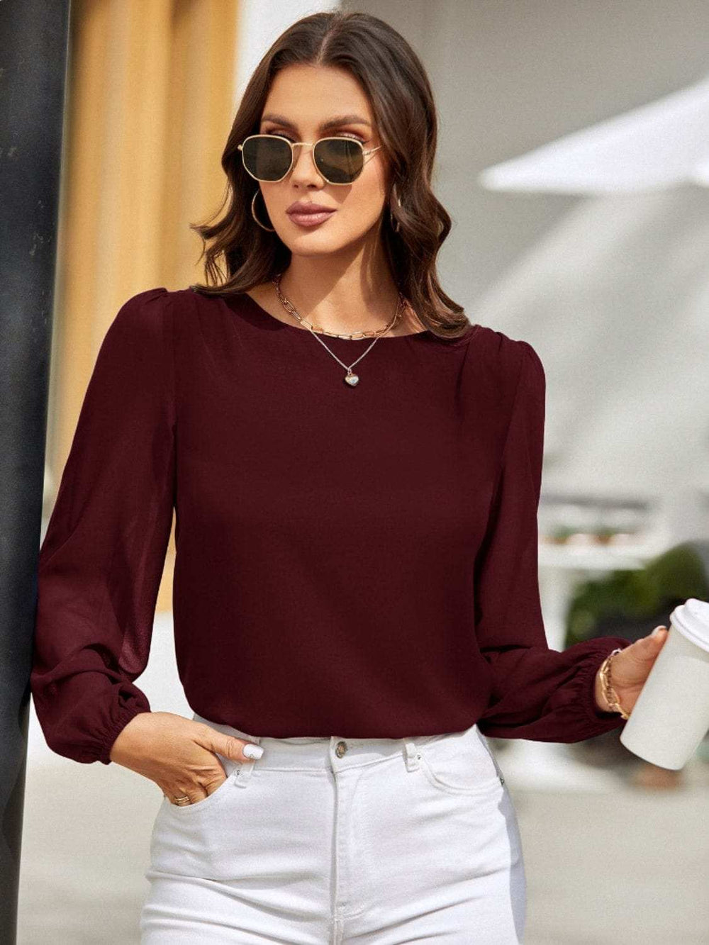 Round Neck Long Sleeve Blouse - Trendsi - Flyclothing LLC