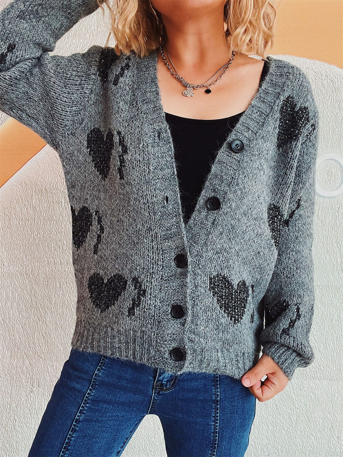 Heart Button Up Long Sleeve Cardigan - Trendsi