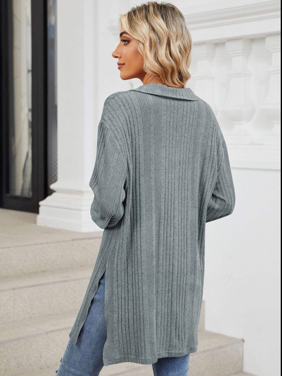 Slit Johnny Collar Long Sleeve T-Shirt - Trendsi - Flyclothing LLC