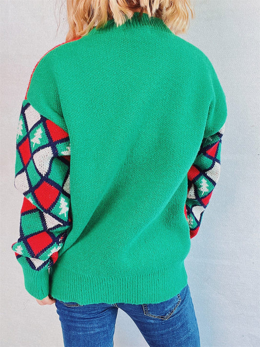 Pom-Pom Contrast Round Neck Long Sleeve Sweater - Trendsi