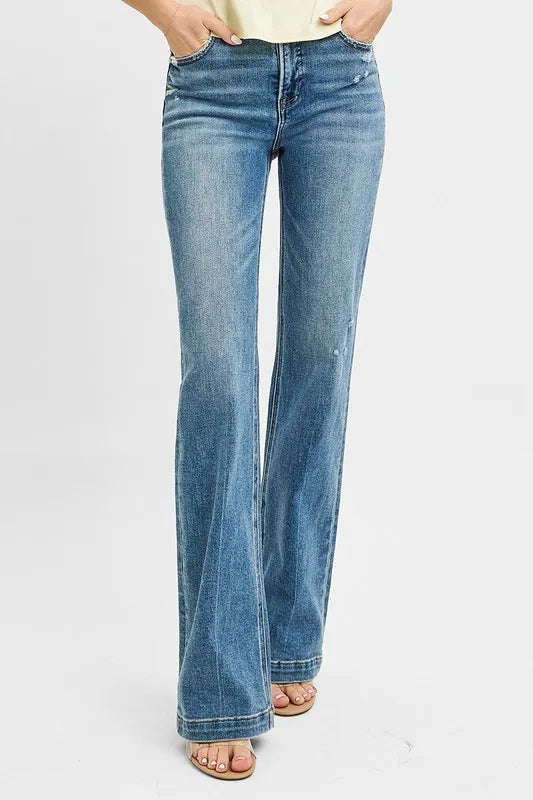RISEN Full Size Distressed Detail Bootcut Jeans Plus Size - Trendsi