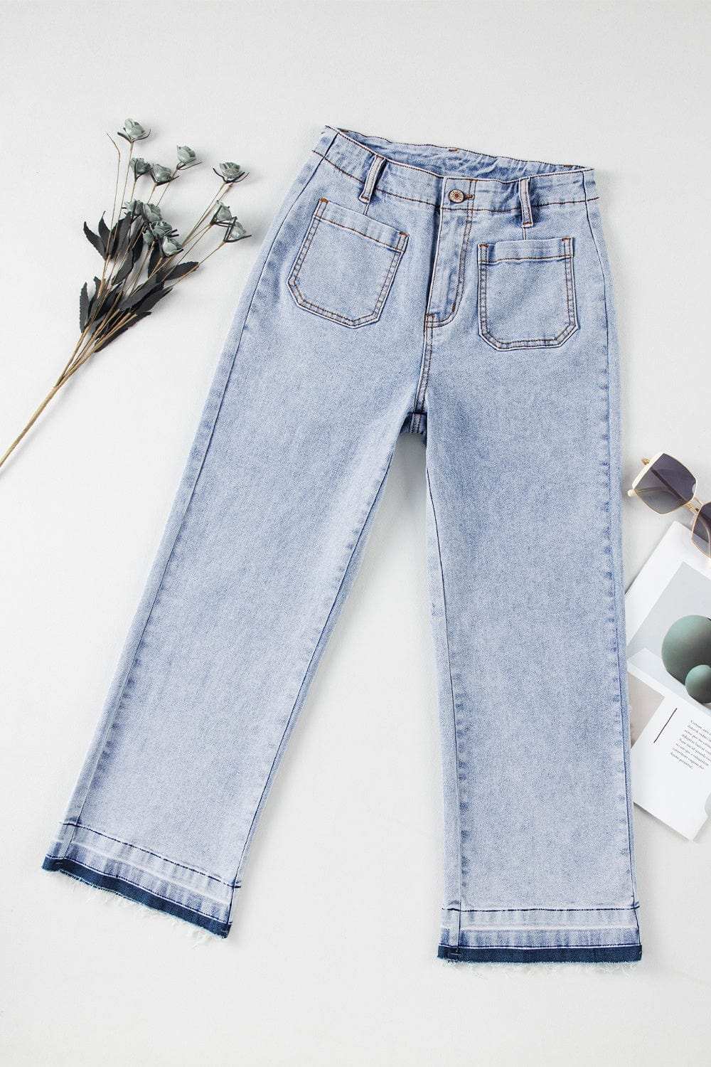Raw Hem Straight Jeans with Pockets - Trendsi - Flyclothing LLC