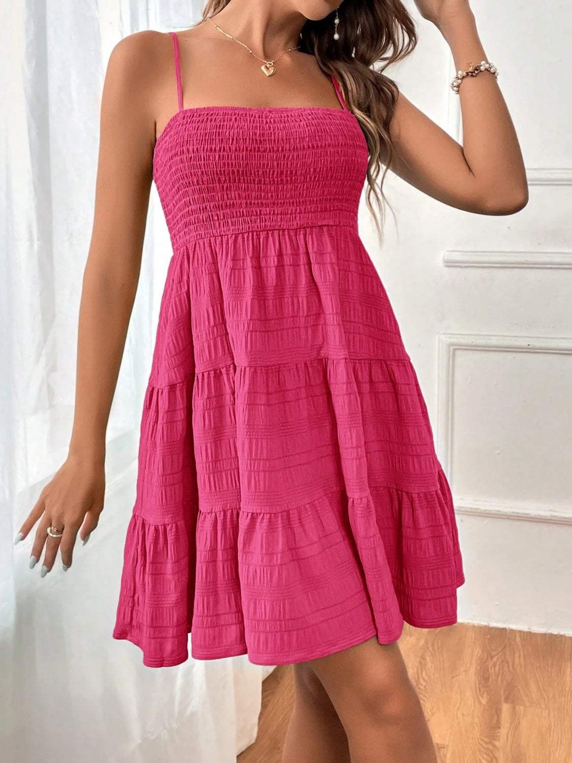 Smocked Tiered Sleeveless Mini Dress - Trendsi - Flyclothing LLC