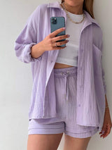 Texture Button Up Shirt and Drawstring Shorts Set - Trendsi - Flyclothing LLC