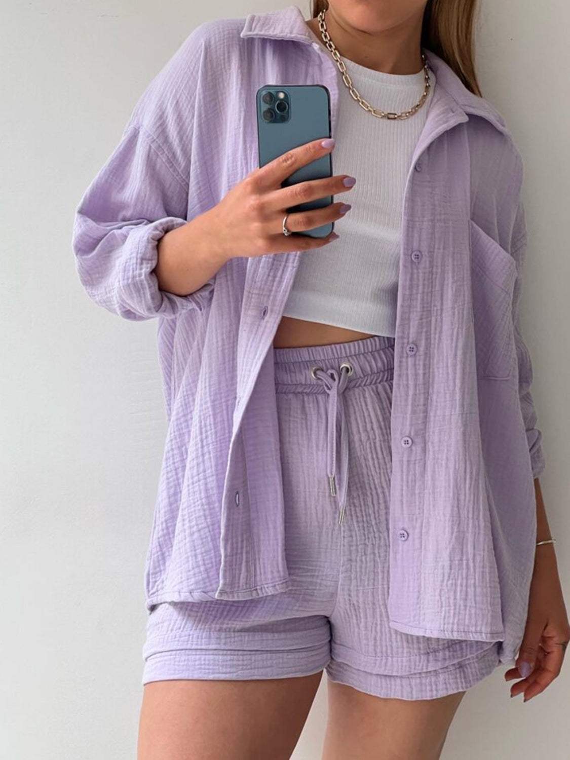 Texture Button Up Shirt and Drawstring Shorts Set - Trendsi - Flyclothing LLC