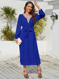 V-Neck Long Sleeve Pleated Dress - Trendsi